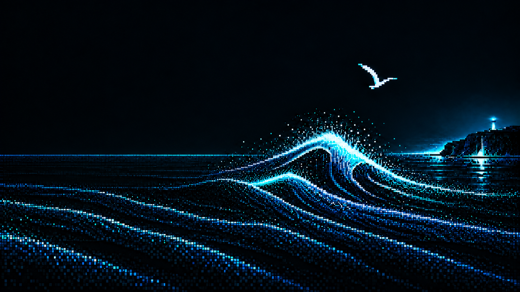 Pixel ocean with a seagull and glowing lighthouse